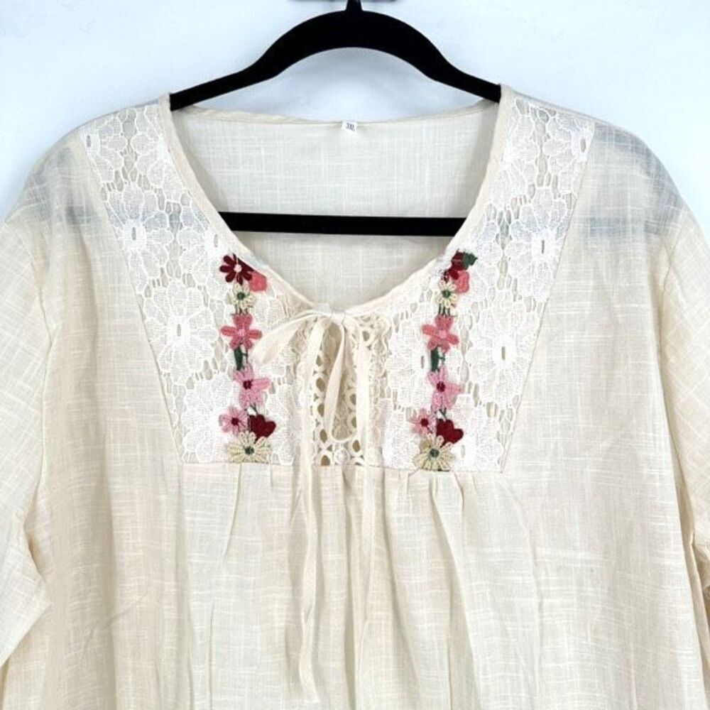 Boutique Women's‎ Embroidered Lace Trim Tie Front Peasant Blouse Cream Size 3XL - Picture 2 of 11